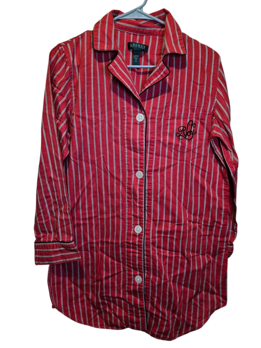 Lauren Ralph Lauren Red Striped Button-Front Sleep Shirt P2p20"to21 1/2 length32